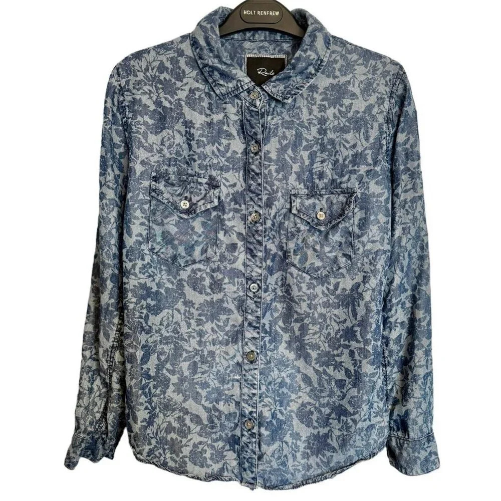 Rails Liam Floral Chambray Denim Button Up Shirt Top Blouse Tencel Sz S READ